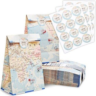 Blue Panda 36 Pack World Map Travel Favor Bags with Stickers Gift Bag for Travel Themed Party Decorations, Birthday Baby Shower for Kids, 8.7 x 5.15