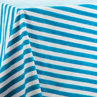 Kate Austin Designs Square Organic Cotton Table Cloth In Cyan And White Cabana Stripe Block Print