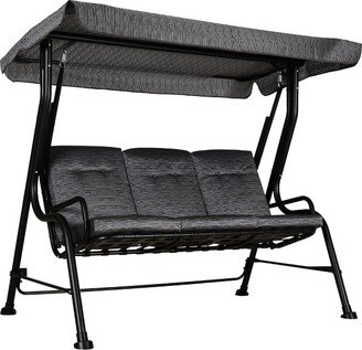 3-Person Patio Porch Swing with Adjustable Canopy for Adults, Steel Frame, Tufted Cushions, Armrests, Black