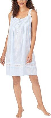 Cotton Dobby Stripe Woven Sleeveless Short Nightgown (Blue) Women's Clothing