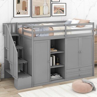 Calnod Twin Size Loft Bed with 3 Shelves, 2 Wardrobes and 2 Drawers, Ladder with Storage, No Box Spring