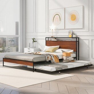 Queen Size Metal Platform Bed with Trundle,USB Ports,No Box Spring Needed