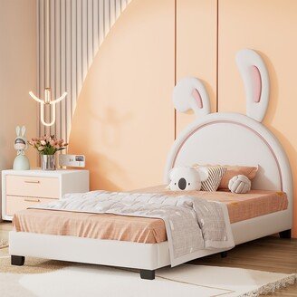 GREATPLANINC Twin Size Upholstered Daybed Frame for Kids, Leather Platform Bed with Bunny Ears Headboard, Wood Bed Frame with Rabbit Ornament