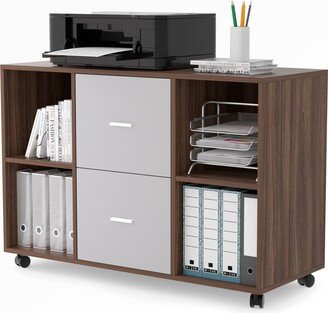 Walnut Mobile Lateral File Cabinet with 2 Drawers and 4 Open Shelves