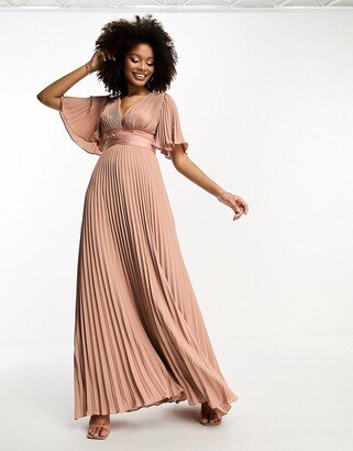 Bridesmaid pleated flutter sleeve maxi dress with satin wrap waist in mocha