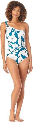 One Shoulder Twist One-Piece (Teal Print) Women's Swimsuits One Piece