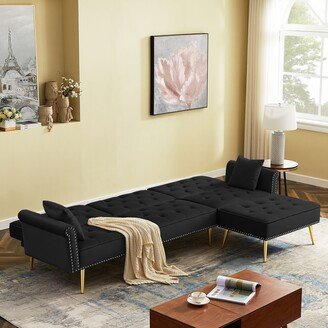 IGEMAN Modern Velvet Upholstered Sectional Sofa Bed, L-Shaped Reversible 3-Seat Couch with Movable Ottoman & Nailhead Trim