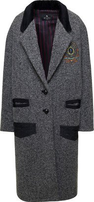 Grey Single-breasted Coat With Embroidered Crest In Wool Blend Woman