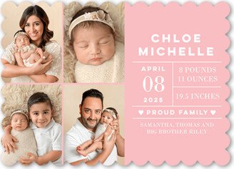 Birth Announcements: All The Facts Birth Announcement, Pink, 5X7, Matte, Signature Smooth Cardstock, Scallop