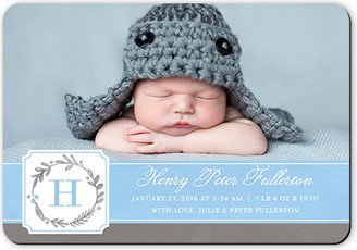 Birth Announcements: Wreath Monogram Boy Birth Announcement, Blue, Matte