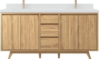 72 In. W X 22 D Madison Teak Double Sink Bathroom Vanity in Light Natural With Quartz Or Marble Countertop | Mid Century Modern