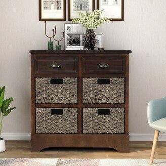 Calnod Rustic Storage Cabinet with Two Drawers, Four Classic Rattan Basket Storage Shelves, Bookcases with Rubber Pads at the Bottom-AA