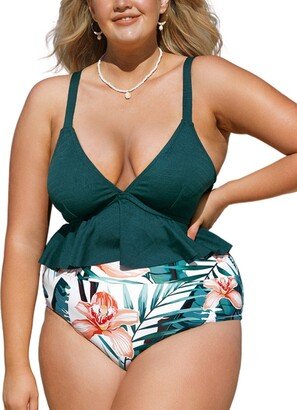 Plus Size High Waisted Green and Floral Ruffled Bikini