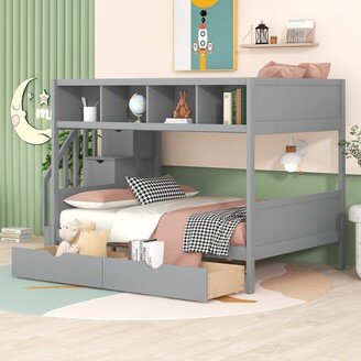 TOSWIN Twin over Full Bunk Bed with Storage Staircase, Shelf, 2 Drawers