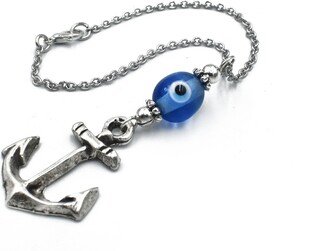 Anchor Car Charm, Hanging, Blue Glass Evil Eye Dangler, Ornament, Rear View Mirror Jewelry, Nautical Decor