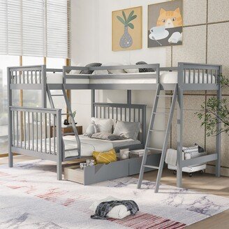 MAGIC HOME Twin over Full Size L-Shaped Triple Bunk Bed with Two Storage Drawers