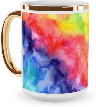 Mugs: Rainbow Watercolor Wash Ceramic Mug, Gold Handle, 15Oz, Multicolor