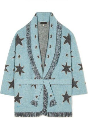 Star Printed Belted Fringed Cardigan