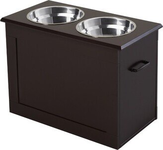 Raised Pet Feeding Storage Station with 2 Stainless Steel Bowls Base for Large Dogs and Other Large Pets, Dark Brown