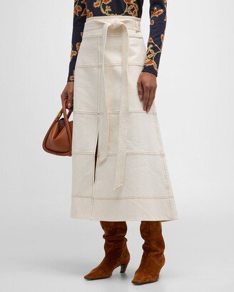 Hudson High-Waist Belted Denim Midi Skirt