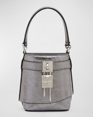 Micro Shark Lock Bucket Bag in Crinkled Metallic Leather