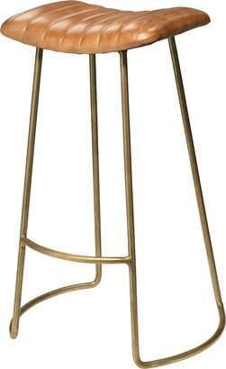 Bar Stool with Stitched Leatherette Seat, Gold and Brown