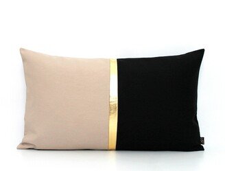 Gold, Stone & Black Pillow Cover - Silver Copper Colorblock Lumbar Custom Stripe All