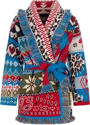 Jacquard Pattern Fringed Belted Cardigan