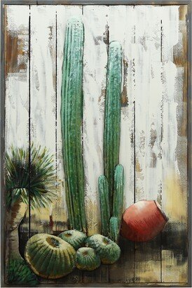 'Cacti' Metallic Handed Painted Rugged Wooden Blocks Wall Sculpture - 36 x 24