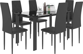 IGEMAN 7-Piece Industrial Dining Table Set with 6 PU Upholstered Chairs for Country House City Apartment Dining Room