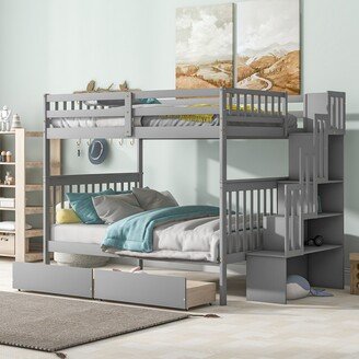 Sunmory Full over Full Bunk Bed with 2 Drawers and Staircases, Convertible into 2 Beds, The Bunk Bed with Staircase & Safety Rails