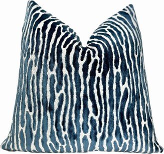 Mariner Blue & Cream Velvet Throw Pillow Cover | Decorative Lumbar Couch