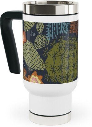 Travel Mugs: Cactus Garden - Block Print Style - Dark Travel Mug With Handle, 17Oz, Green