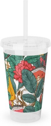 Travel Mugs: Summer Skull - Multi Acrylic Tumbler With Straw, 16Oz, Green