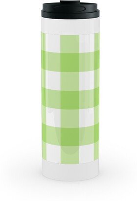 Travel Mugs: Gingham Checks Stainless Mug, White, 16Oz, Green