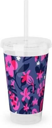 Travel Mugs: Tropical Floral - Fuchsia Acrylic Tumbler With Straw, 16Oz, Pink