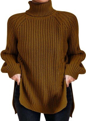 Generic Women's Fashion High Neck Solid Color Pullover Knit Sweater with Split Hem and Bell Sleeves Unveil Sweater (Coffee