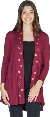 24seven Comfort Apparel 24even Comfort Apparel Women Long Sleeve Mid Thigh Open Front Cardigan with Grommet Detail-Wine-S