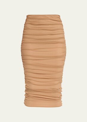 Ruched Tulle Pencil Midi Skirt