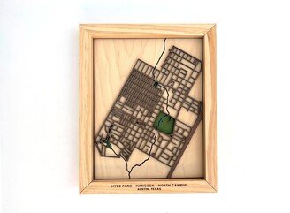Hyde Park - Hancock North Campus Neighborhoods Of Austin Map; Layered Laser Cut Topographical Map Highlighting Green Spaces & Waterways
