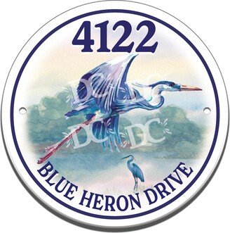 Blue Heron Themed Ceramic House Number Circle Tile, Address Door Sign, Great