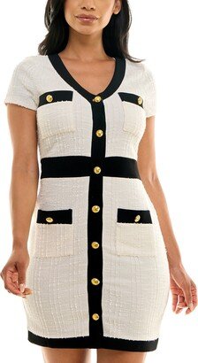 Juniors' Tweed Button-Front Dress - Ivory/black