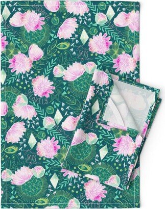 Paris Floral Tea Towels | Set Of 2 - Dreamers Large By Megandunagan Green Emerald Pink Linen Cotton Spoonflower