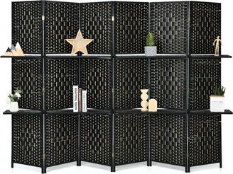 BESTCOSTY 6 Panel Folding Weave Fiber Room Divider with 2 Display Shelves