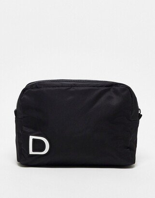 toiletries bag with D initial in black