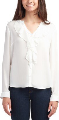 Juniors' Ruffled-Button-Front Long-Sleeve Top