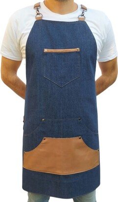 Denim Apron. Genuine Leather Pockets & Straps. Cotton Lining, Amazing Fit, Practical Easy To Put On & Take Off