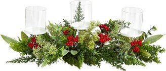 20in. Holiday Winter Greenery and Berries Triple Candle Holder Artificial Christmas Table Arrangement