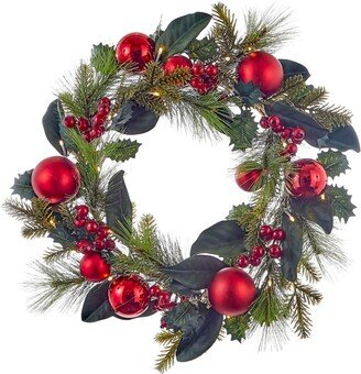 22-Inch Battery-Operated Red Berries and Balls Led Wreath