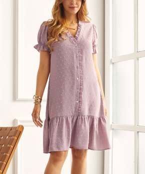 Lavender Swiss Dot Ruffle Trim Button-Up Dress - Women & Plus